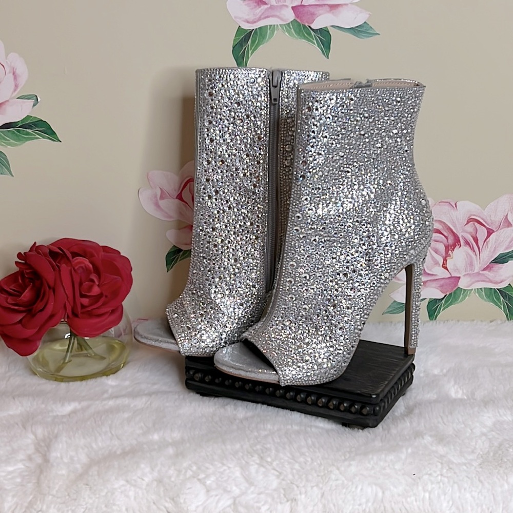 Steve Madden Dispute-R Rhinestone Embellished Peep Toe Stiletto Booties.…